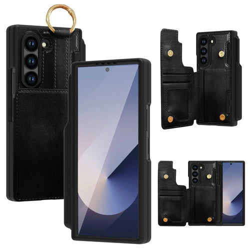 For Samsung Galaxy Z Fold6 5G Case with Glass Film Ring Holder Card Slot Full Protection PU + PC Phone Cover - Black - 1