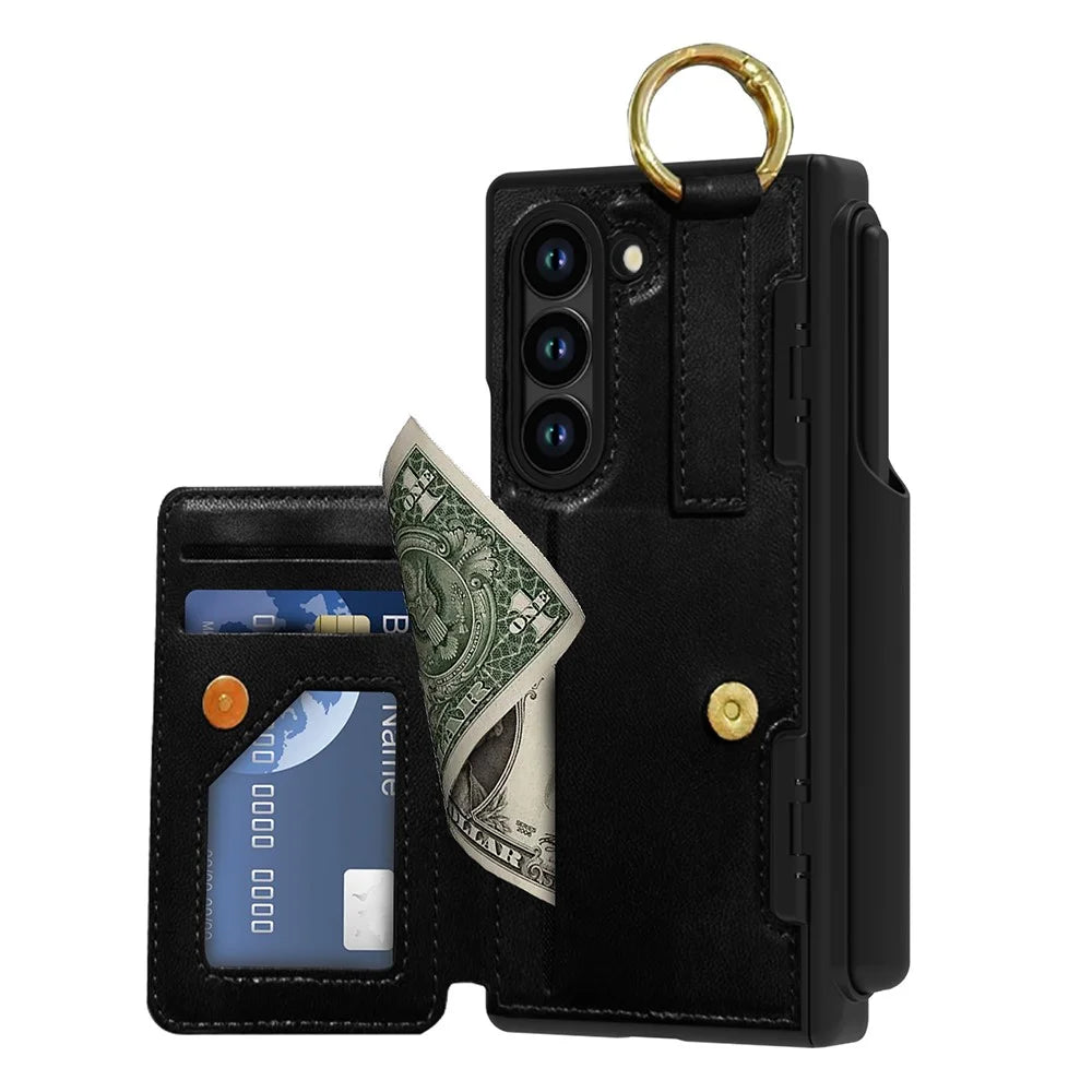 For Samsung Galaxy Z Fold6 5G Case with Glass Film Ring Holder Card Slot Full Protection PU + PC Phone Cover - Black - 2