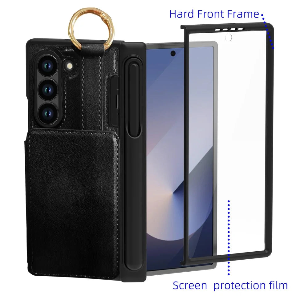 For Samsung Galaxy Z Fold6 5G Case with Glass Film Ring Holder Card Slot Full Protection PU + PC Phone Cover - Black - 3