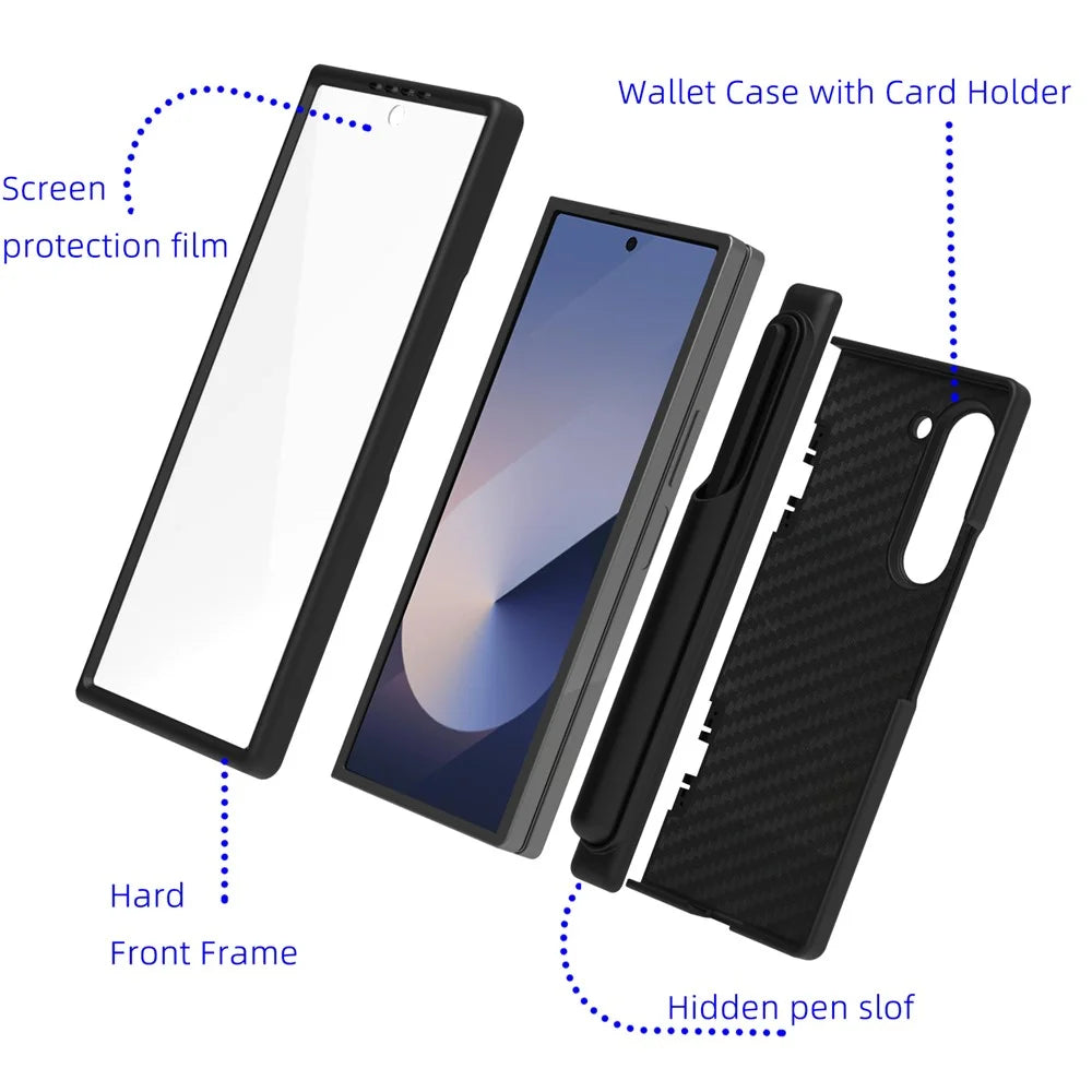 For Samsung Galaxy Z Fold6 5G Case with Glass Film Ring Holder Card Slot Full Protection PU + PC Phone Cover - Black - 5