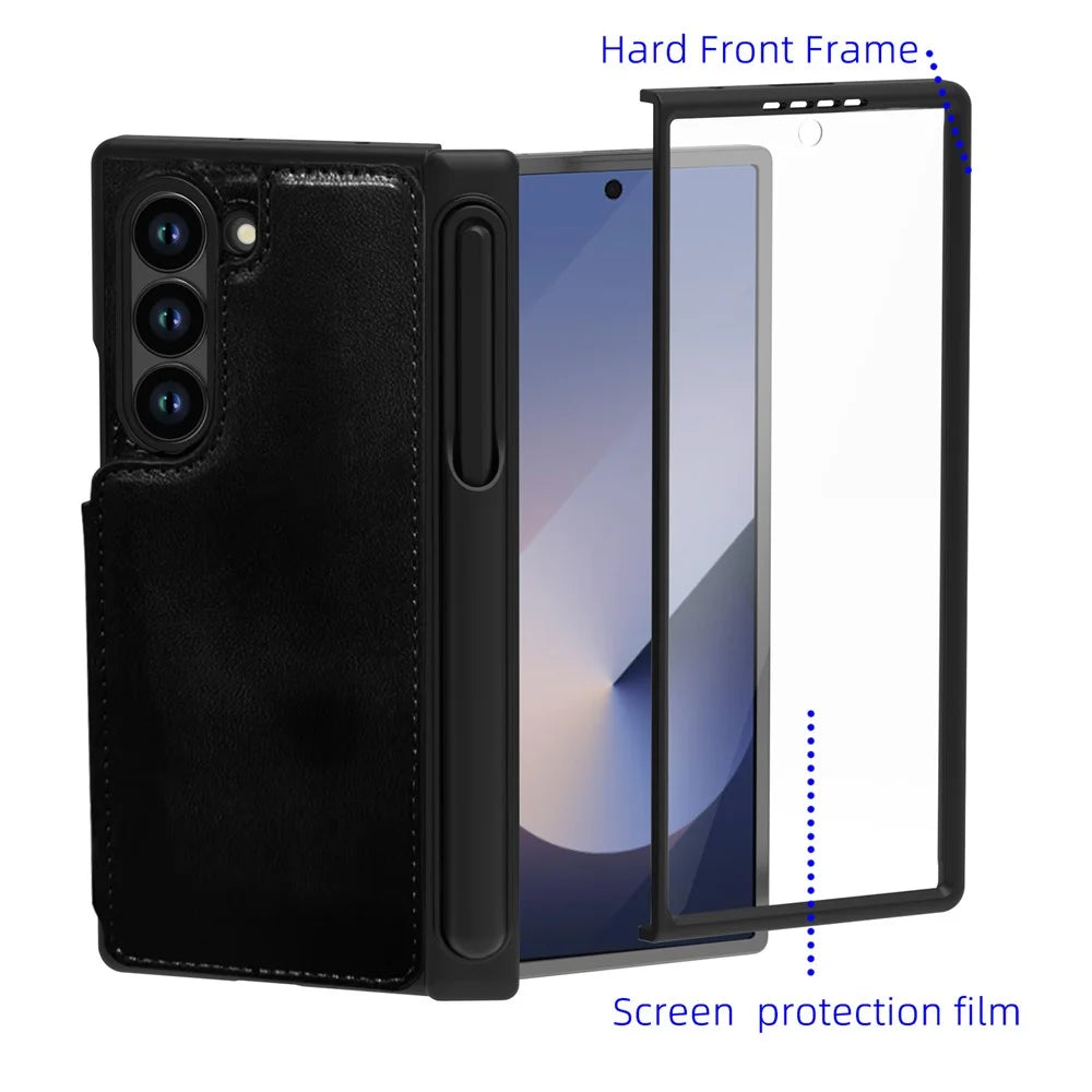 For Samsung Galaxy Z Fold6 5G Case Full Protection PU + PC Phone Cover with Front Film Card Holder - Black - 3