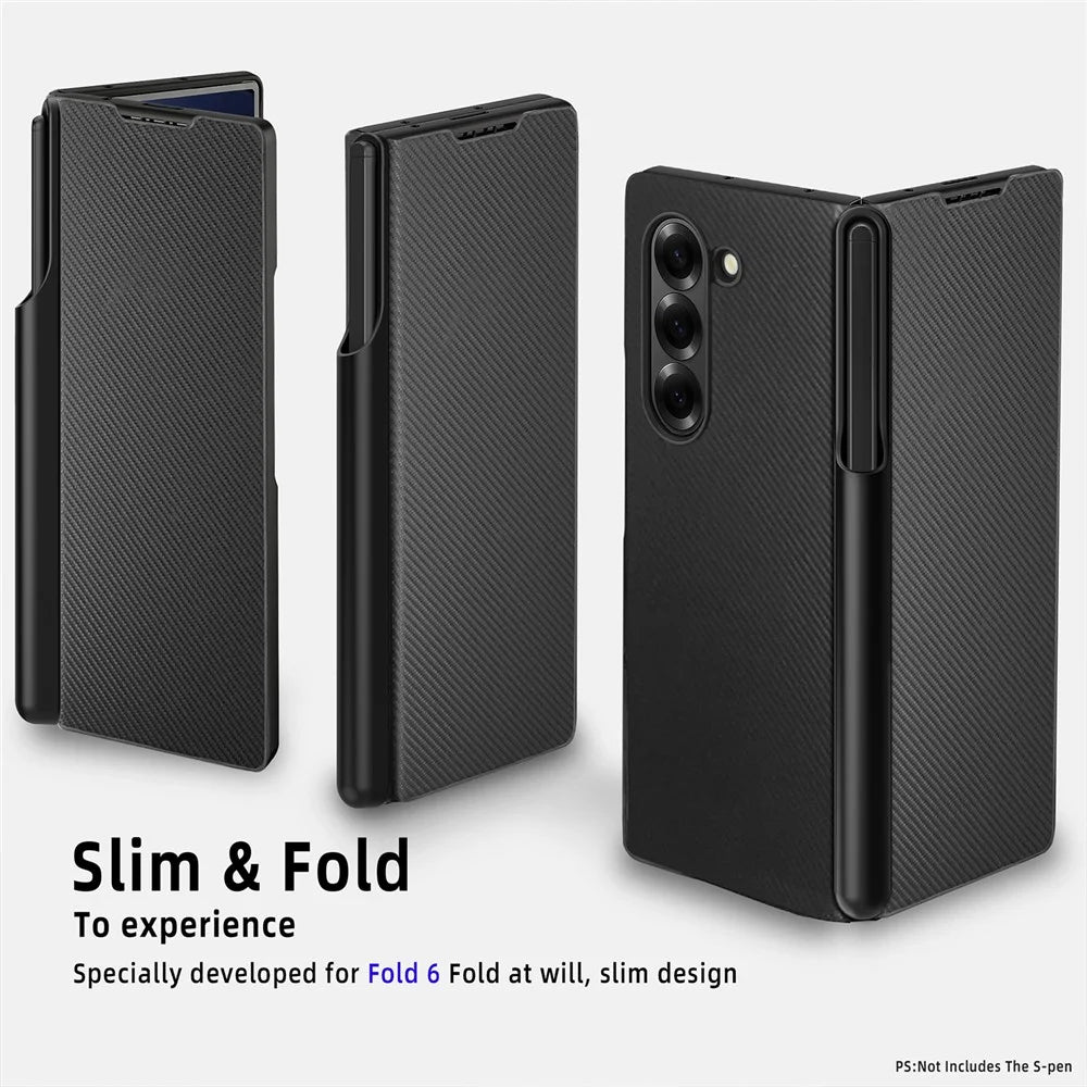 For Samsung Galaxy Z Fold6 5G Case PU Leather Phone Cover with Pencil Holder / Tempered Glass Film - Black - 3