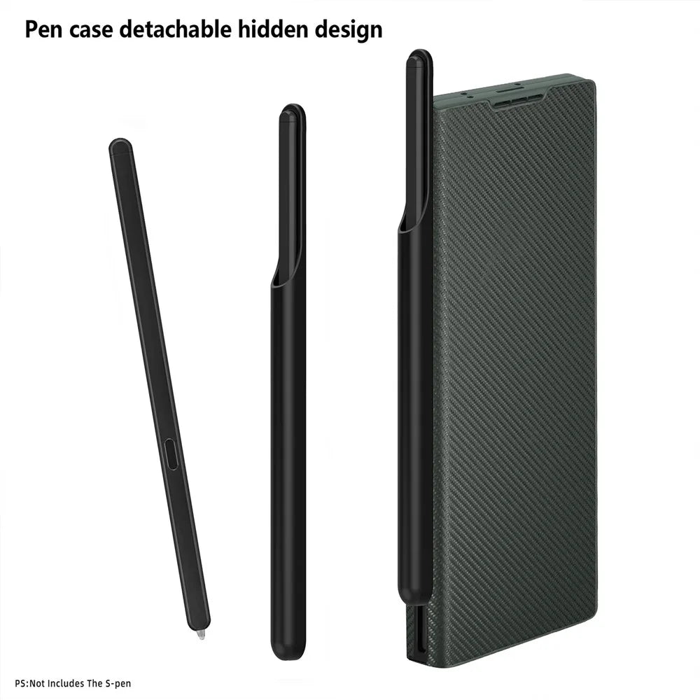 For Samsung Galaxy Z Fold6 5G Case PU Leather Phone Cover with Pencil Holder / Tempered Glass Film - Black - 5