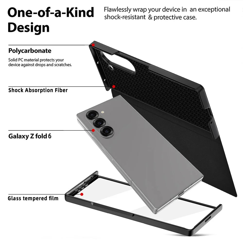 For Samsung Galaxy Z Fold6 5G Case PU Leather Phone Cover with Pencil Holder / Tempered Glass Film - Black - 6