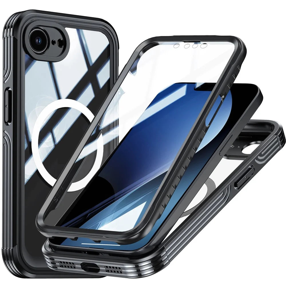 For iPhone 17e / 16e Compatible with MagSafe Case PC+TPU Phone Cover with Tempered Glass Screen Film - Black - 1