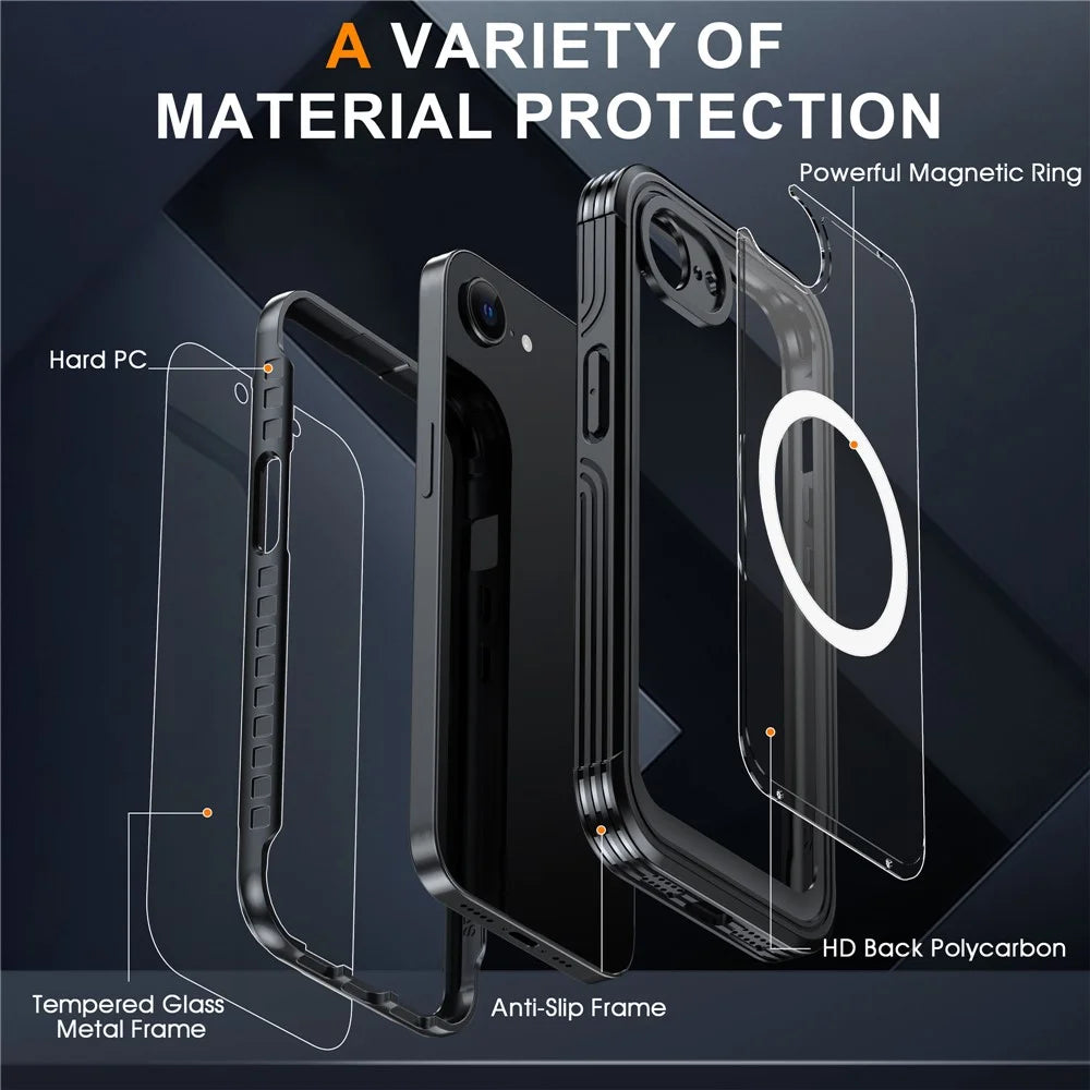 For iPhone 17e / 16e Compatible with MagSafe Case PC+TPU Phone Cover with Tempered Glass Screen Film - Black - 5