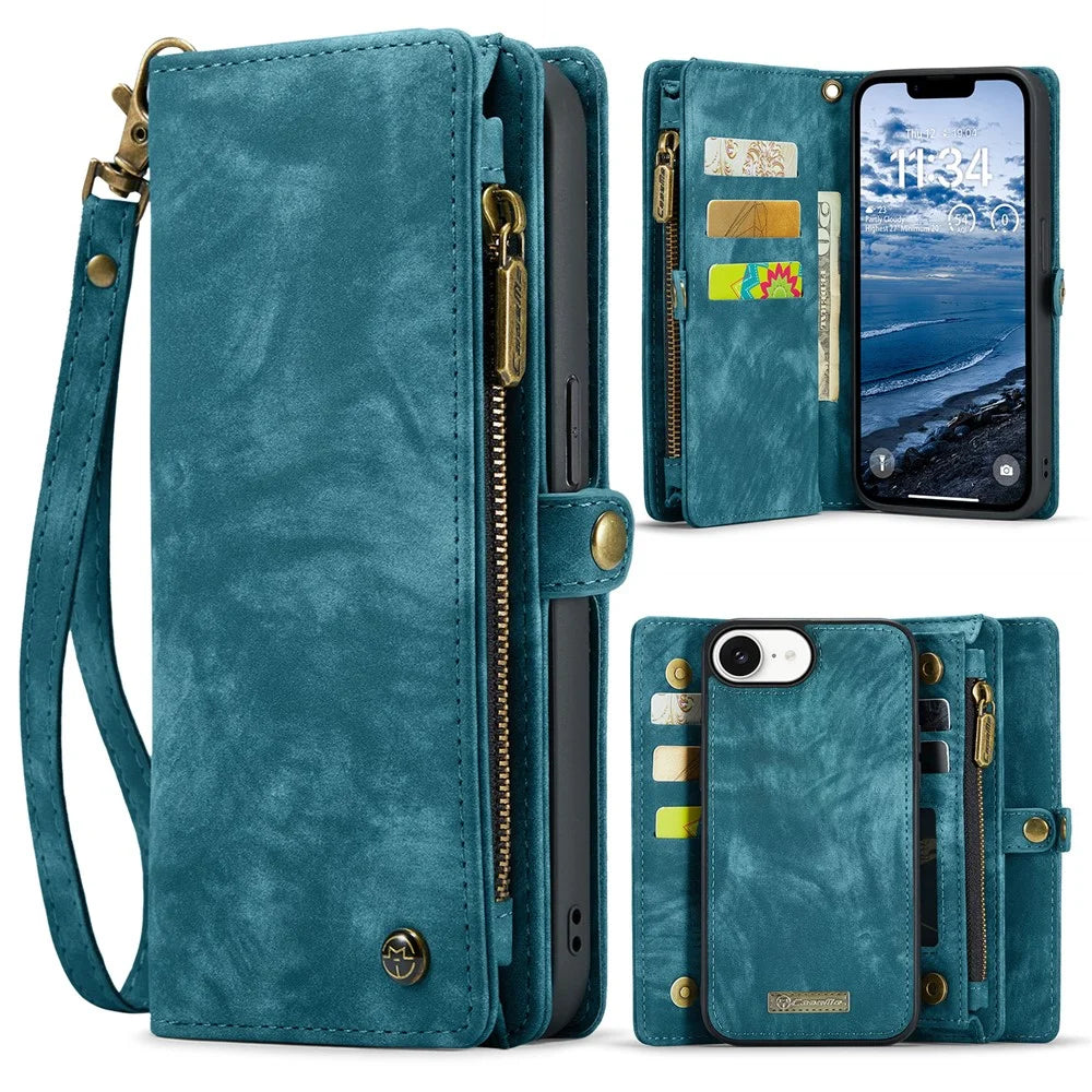 CASEME For iPhone 17e / 16e Phone Cases  008 Leather Cover with Detachable Wallet and Strap - Blue - 1