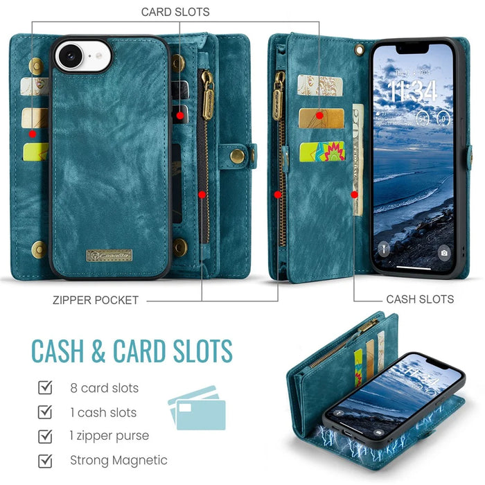 CASEME For iPhone 17e / 16e Phone Cases  008 Leather Cover with Detachable Wallet and Strap - Blue - 3