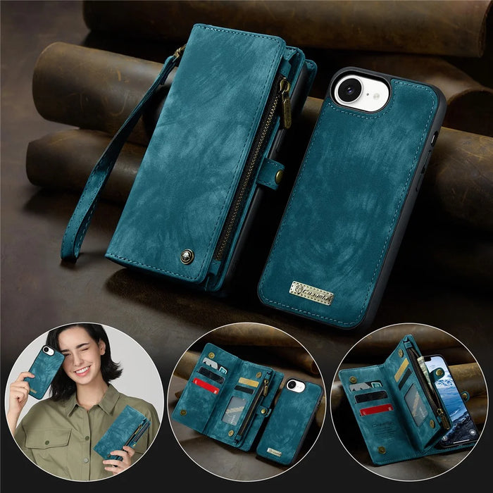 CASEME For iPhone 17e / 16e Phone Cases  008 Leather Cover with Detachable Wallet and Strap - Blue - 6