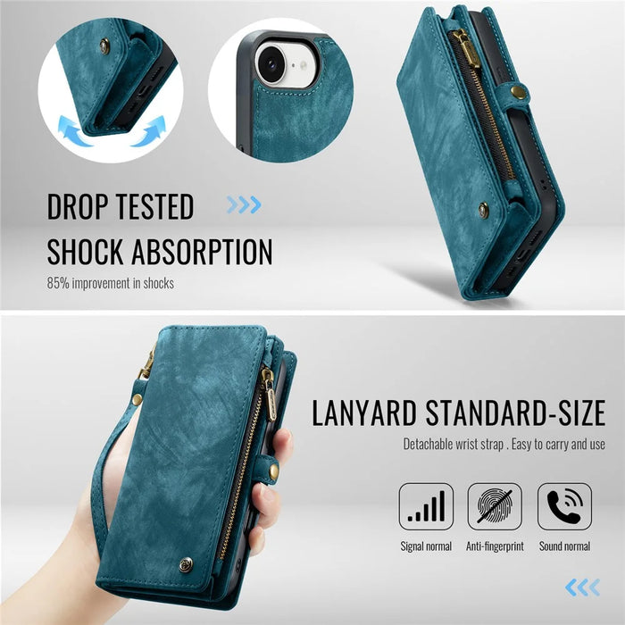 CASEME For iPhone 17e / 16e Phone Cases  008 Leather Cover with Detachable Wallet and Strap - Blue - 7