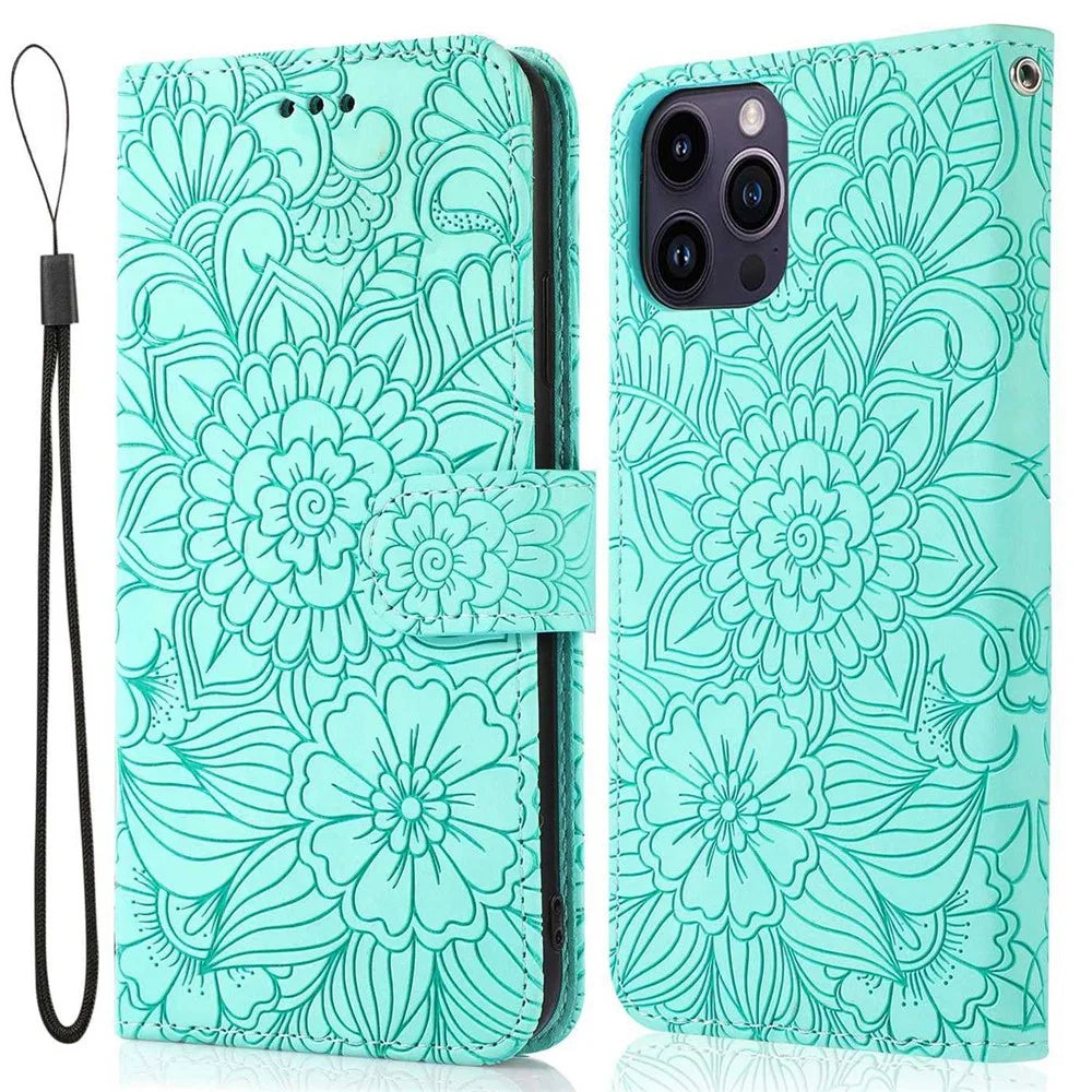 PU Leather Phone Case for iPhone 13 Pro Max 6.7 inch, Imprinted Flower Pattern Stand Wallet Shockproof Cell Phone Cover with Strap - Green - 1