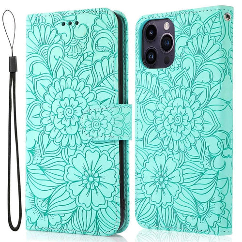 PU Leather Phone Case for iPhone 13 Pro Max 6.7 inch, Imprinted Flower Pattern Stand Wallet Shockproof Cell Phone Cover with Strap - Green - 1