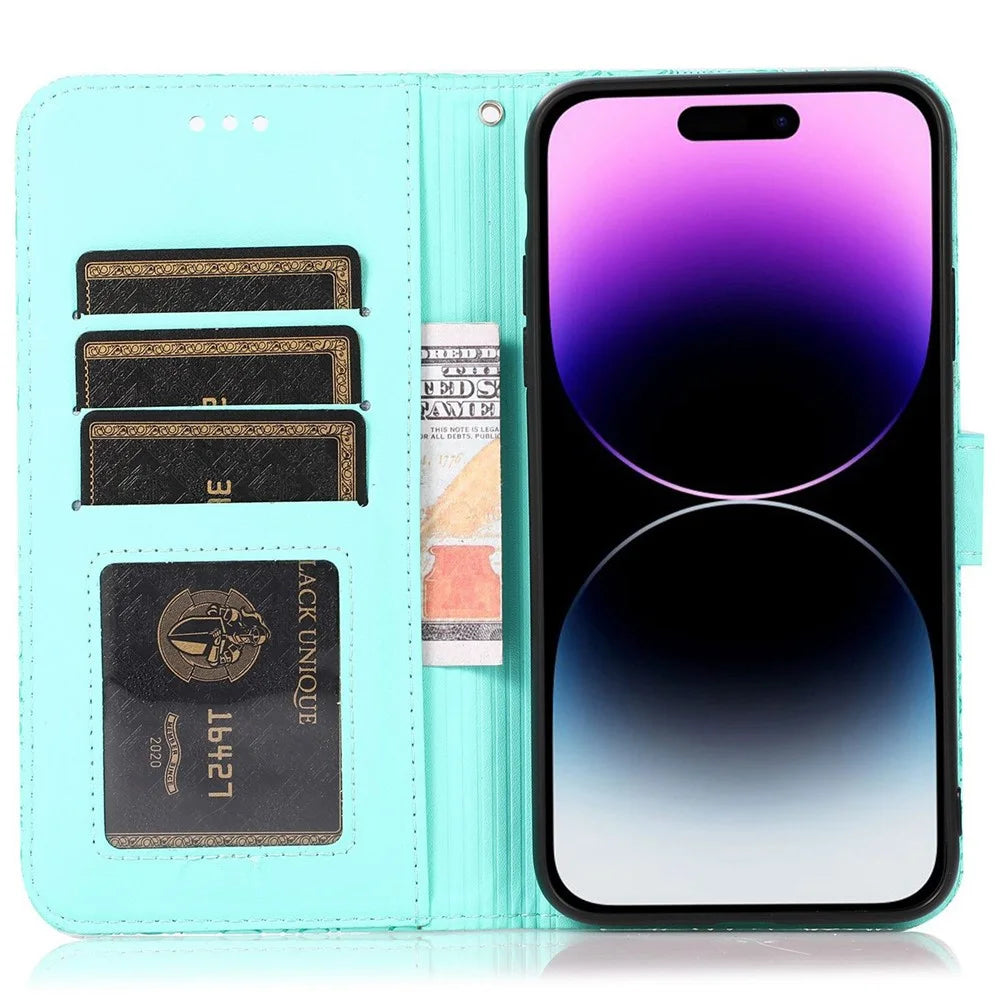 PU Leather Phone Case for iPhone 13 Pro Max 6.7 inch, Imprinted Flower Pattern Stand Wallet Shockproof Cell Phone Cover with Strap - Green - 2