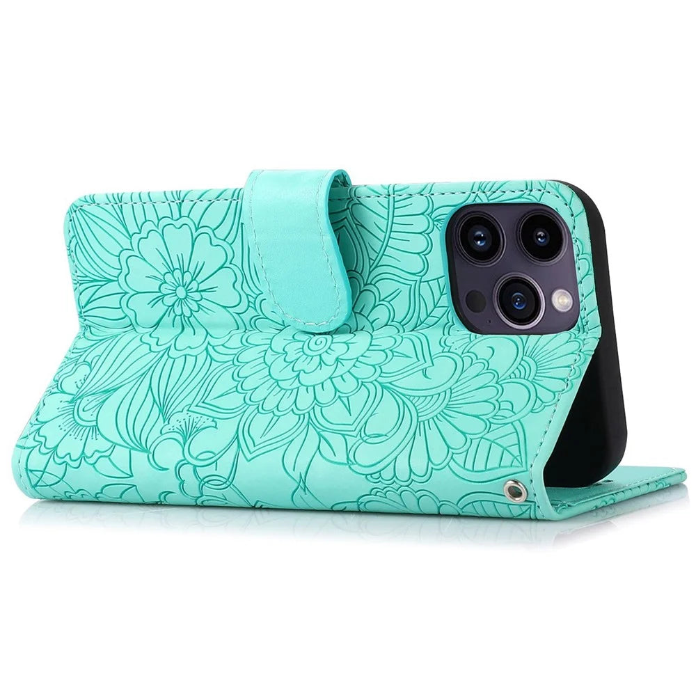 PU Leather Phone Case for iPhone 13 Pro Max 6.7 inch, Imprinted Flower Pattern Stand Wallet Shockproof Cell Phone Cover with Strap - Green - 4