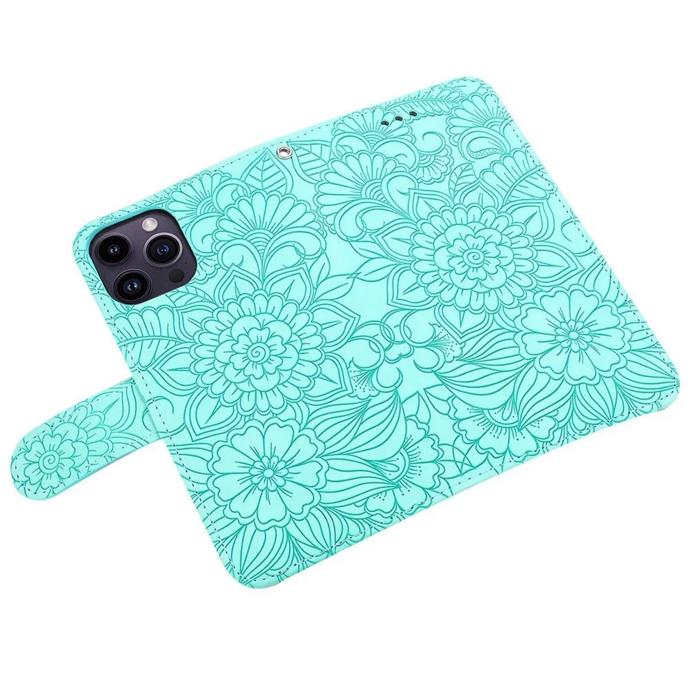 PU Leather Phone Case for iPhone 13 Pro Max 6.7 inch, Imprinted Flower Pattern Stand Wallet Shockproof Cell Phone Cover with Strap - Green - 6