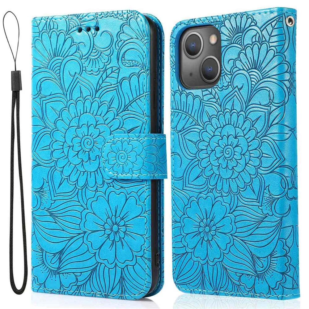 Anti-drop Phone Case for iPhone 13 mini 5.4 inch, Imprinted Flower Pattern Stand Flip Leather Wallet Cover with Strap - Blue - 1