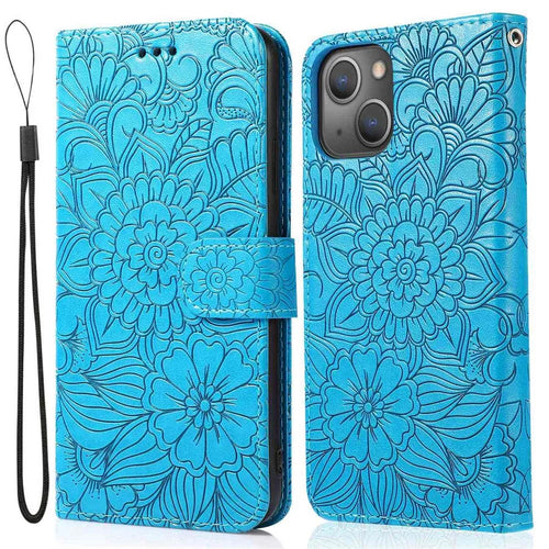 Anti-drop Phone Case for iPhone 13 mini 5.4 inch, Imprinted Flower Pattern Stand Flip Leather Wallet Cover with Strap - Blue - 1