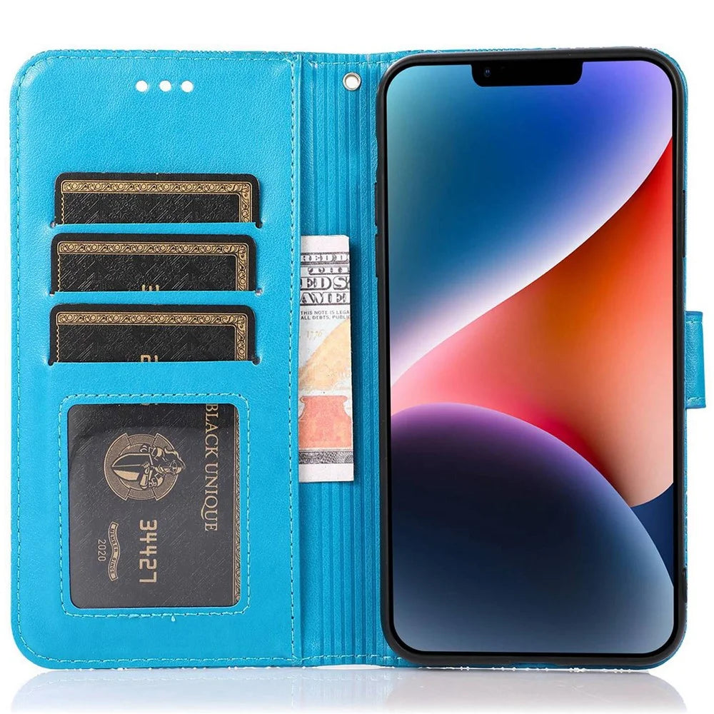 Anti-drop Phone Case for iPhone 13 mini 5.4 inch, Imprinted Flower Pattern Stand Flip Leather Wallet Cover with Strap - Blue - 2