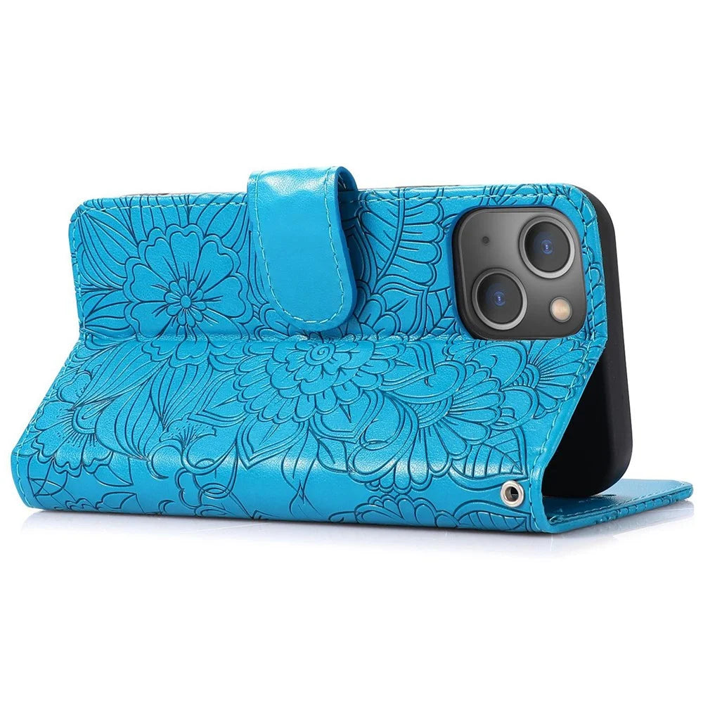 Anti-drop Phone Case for iPhone 13 mini 5.4 inch, Imprinted Flower Pattern Stand Flip Leather Wallet Cover with Strap - Blue - 4