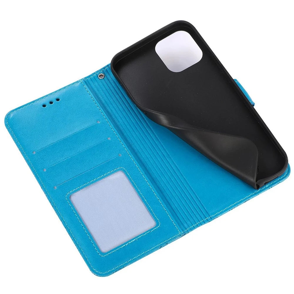 Anti-drop Phone Case for iPhone 13 mini 5.4 inch, Imprinted Flower Pattern Stand Flip Leather Wallet Cover with Strap - Blue - 5