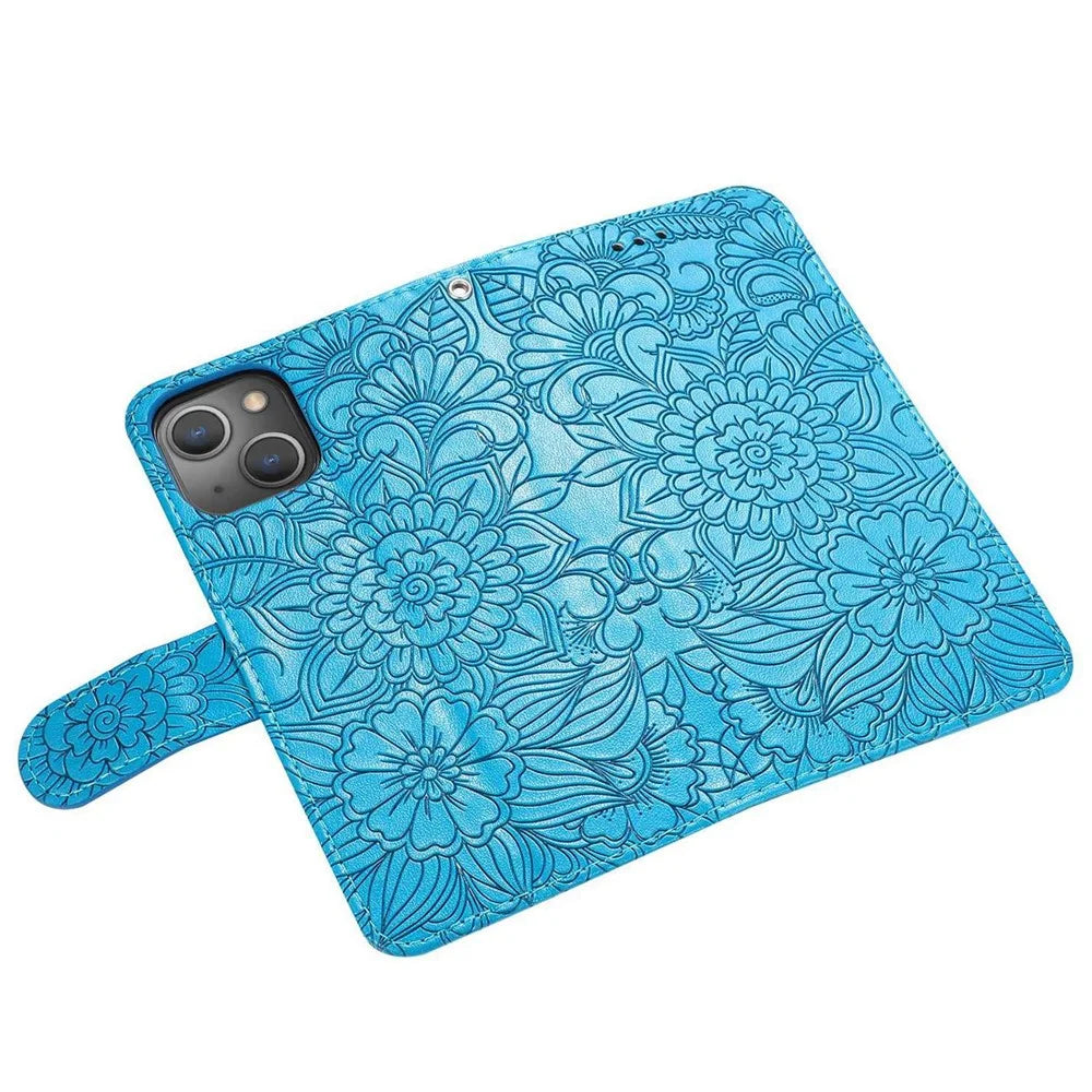 Anti-drop Phone Case for iPhone 13 mini 5.4 inch, Imprinted Flower Pattern Stand Flip Leather Wallet Cover with Strap - Blue - 6