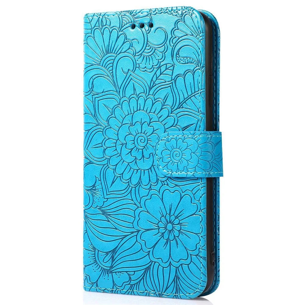 Anti-drop Phone Case for iPhone 13 mini 5.4 inch, Imprinted Flower Pattern Stand Flip Leather Wallet Cover with Strap - Blue - 7