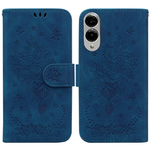 For Samsung Galaxy S25 Edge Case PU Leather Wallet Phone Cover Butterfly Flower Imprint - Blue - 1