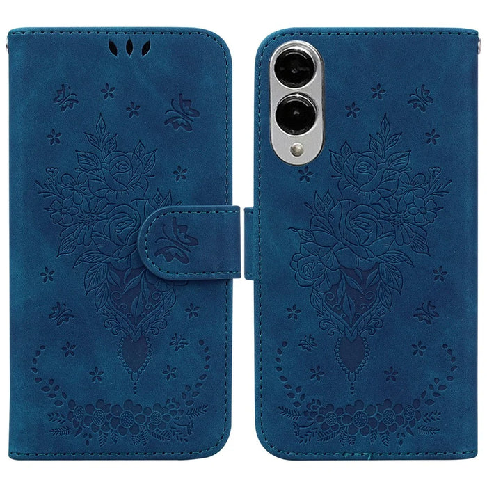 For Samsung Galaxy S25 Edge Case PU Leather Wallet Phone Cover Butterfly Flower Imprint - Blue - 1