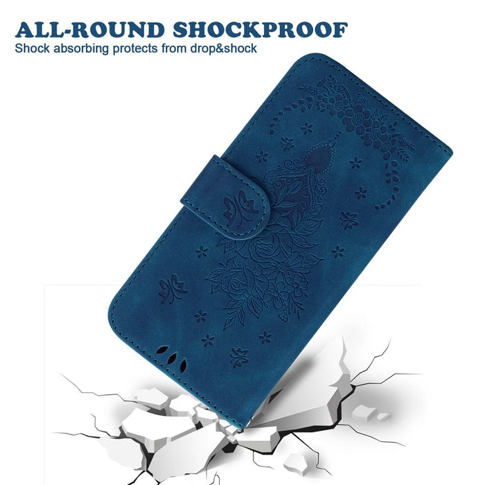 For Samsung Galaxy S25 Edge Case PU Leather Wallet Phone Cover Butterfly Flower Imprint - Blue - 5