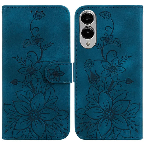 For Samsung Galaxy S25 Edge Case Lily Flower Imprint Leather Phone Cover with Stand - Dark Blue - 1