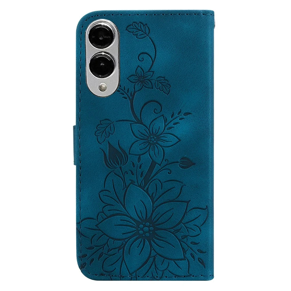 For Samsung Galaxy S25 Edge Case Lily Flower Imprint Leather Phone Cover with Stand - Dark Blue - 7