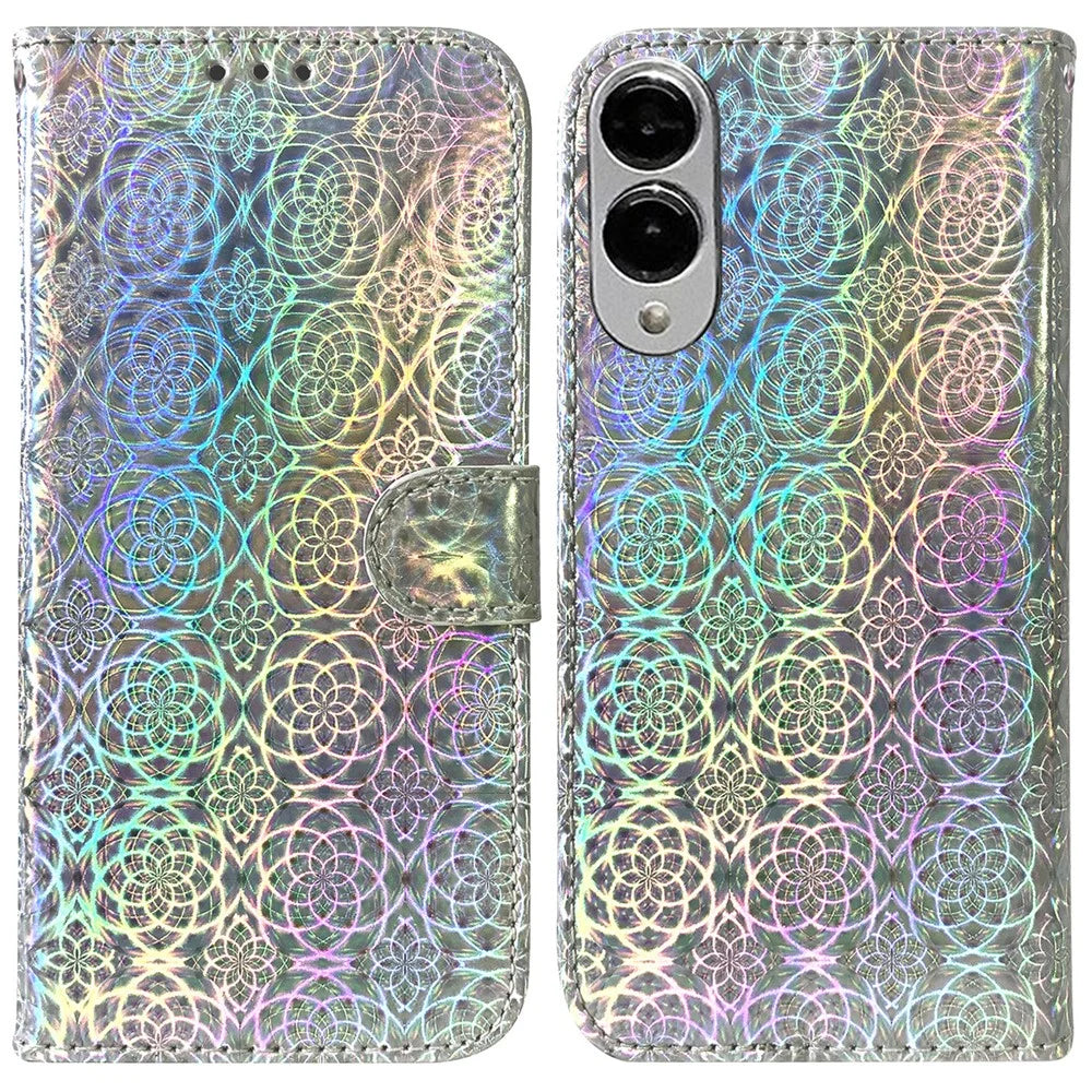 For Samsung Galaxy S25 Edge Stand Case Dazzling Flower Leather Phone Cover - Grey - 1