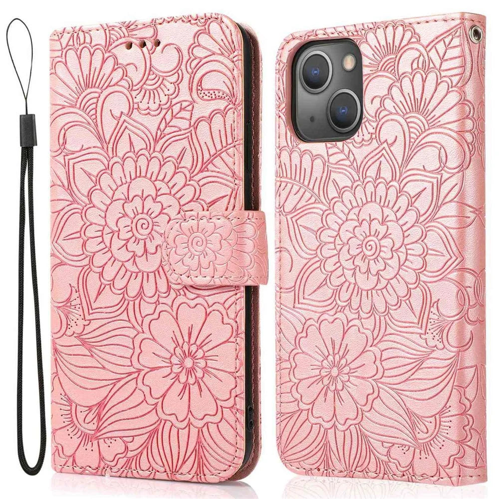 Full Protection Phone Case for iPhone 13 6.1 inch, Imprinted Flower Pattern PU Leather Stand Scratch-resistant Flip Wallet Cover with Strap - Pink - 1