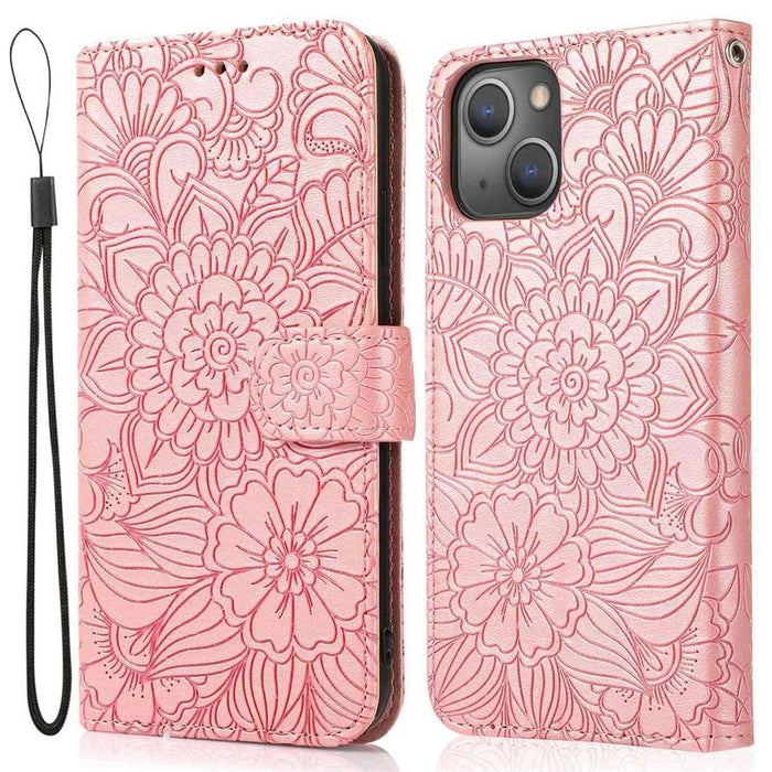 Full Protection Phone Case for iPhone 13 6.1 inch, Imprinted Flower Pattern PU Leather Stand Scratch-resistant Flip Wallet Cover with Strap - Pink - 1
