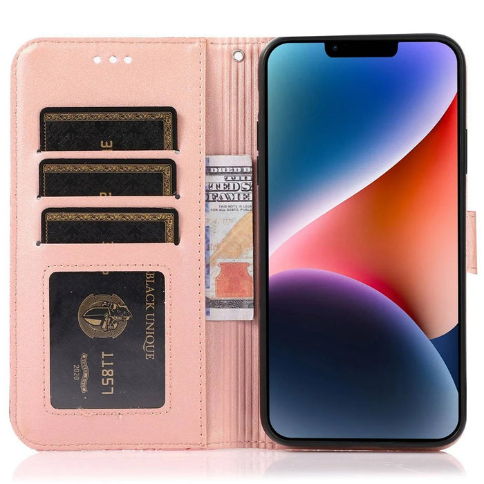 Full Protection Phone Case for iPhone 13 6.1 inch, Imprinted Flower Pattern PU Leather Stand Scratch-resistant Flip Wallet Cover with Strap - Pink - 2