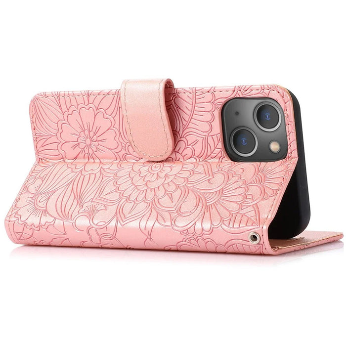 Full Protection Phone Case for iPhone 13 6.1 inch, Imprinted Flower Pattern PU Leather Stand Scratch-resistant Flip Wallet Cover with Strap - Pink - 3