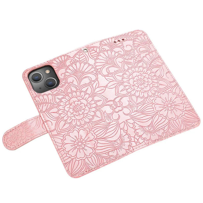 Full Protection Phone Case for iPhone 13 6.1 inch, Imprinted Flower Pattern PU Leather Stand Scratch-resistant Flip Wallet Cover with Strap - Pink - 6