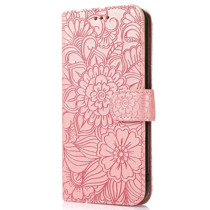 Full Protection Phone Case for iPhone 13 6.1 inch, Imprinted Flower Pattern PU Leather Stand Scratch-resistant Flip Wallet Cover with Strap - Pink - 7
