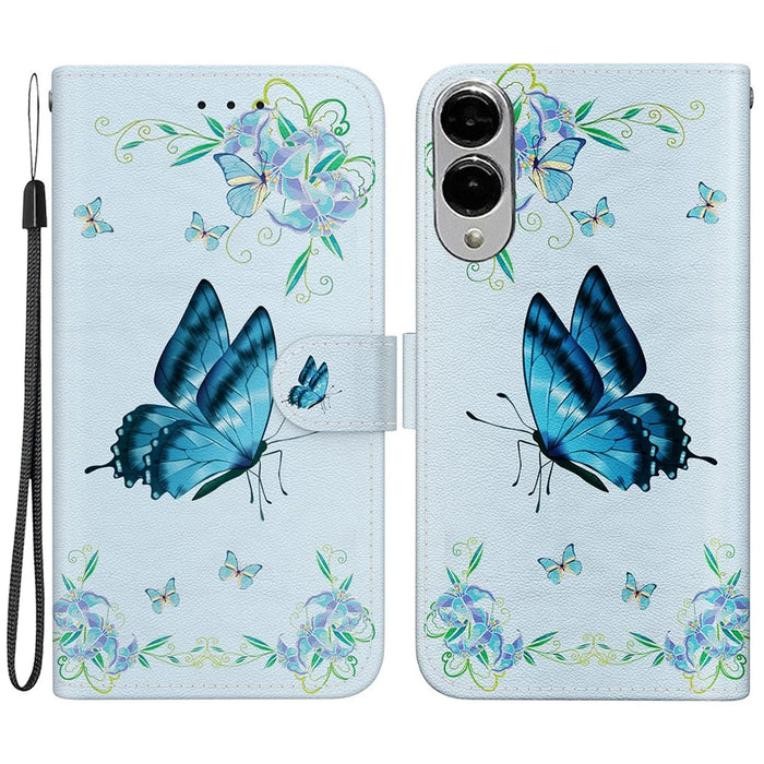 For Samsung Galaxy S25 Edge Wallet Phone Case Anti-Drop Leather Flip Cover Pattern Printing - Blue Butterfly Flower - 1