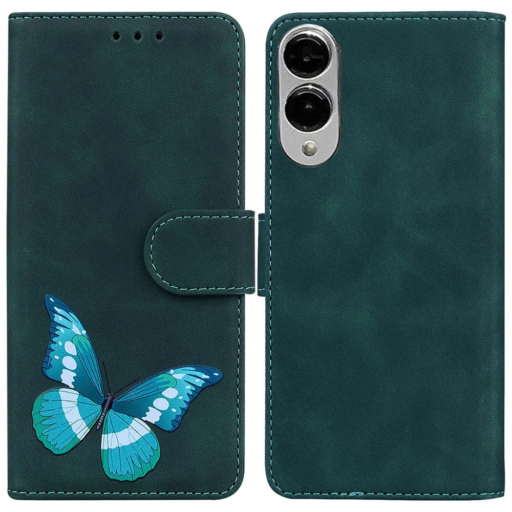 For Samsung Galaxy S25 Edge Stand Case PU Leather Phone Cover Butterfly Printed - Green - 1