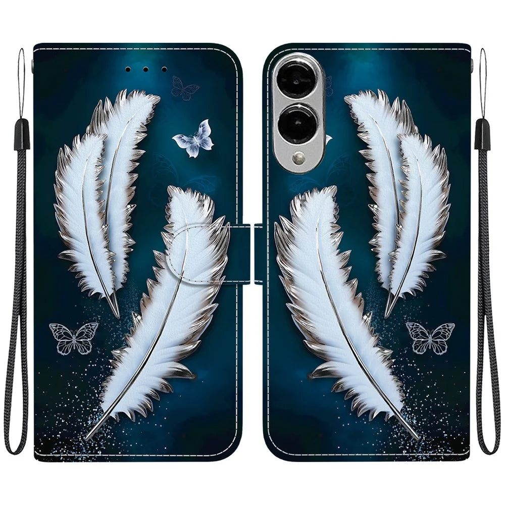 For Samsung Galaxy S25 Edge Case Pattern Printing Anti-Drop Leather Flip Wallet Phone Cover with Lanyard - White Butterfly Feather - 1