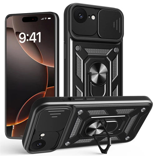 For iPhone 17e / 16e Case with Slide Camera Lid PC + TPU Kickstand Phone Cover - Black - 1
