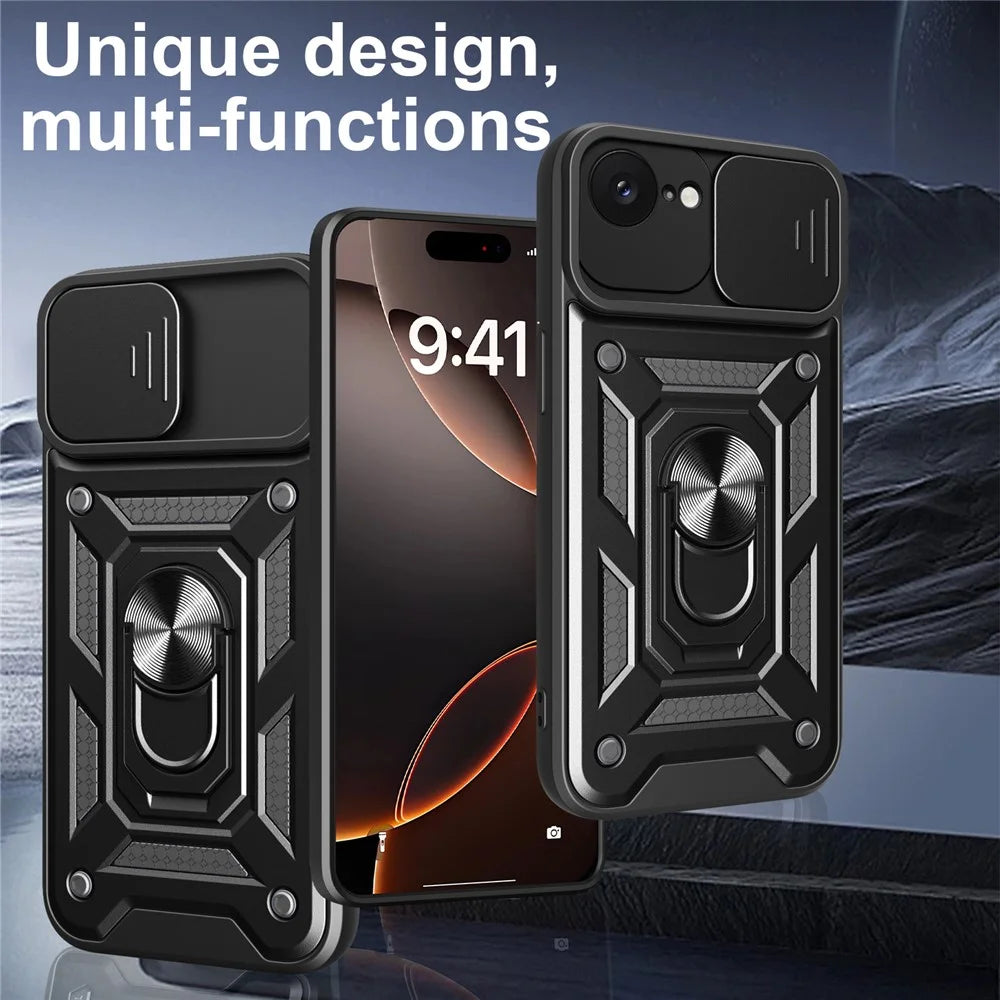 For iPhone 17e / 16e Case with Slide Camera Lid PC + TPU Kickstand Phone Cover - Black - 2