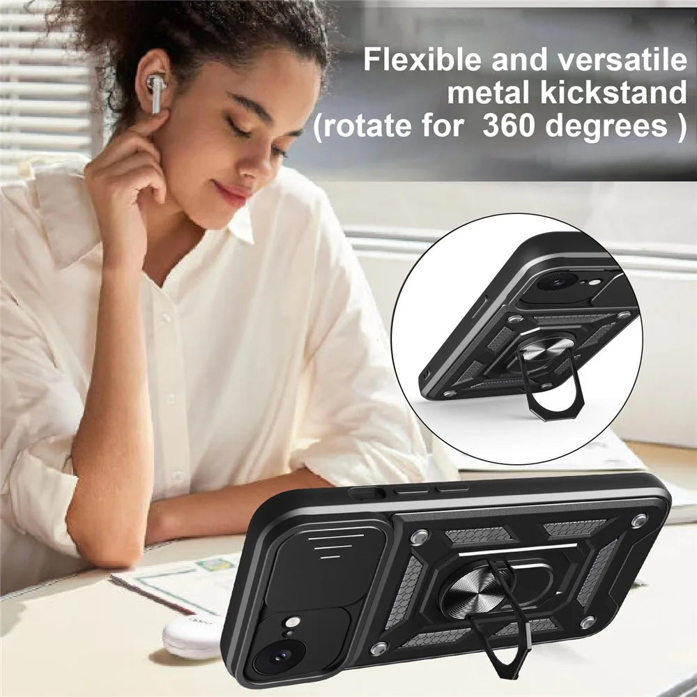 For iPhone 17e / 16e Case with Slide Camera Lid PC + TPU Kickstand Phone Cover - Black - 3