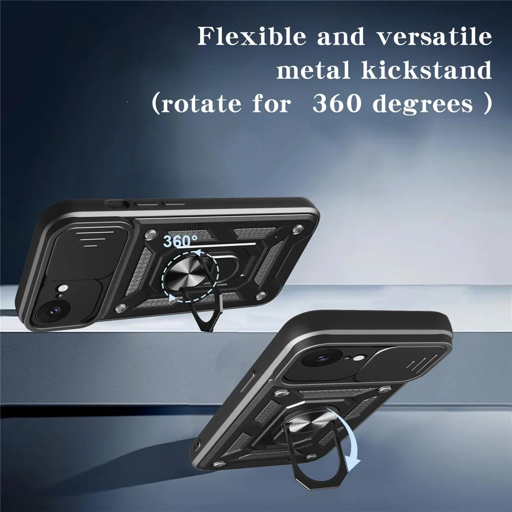 For iPhone 17e / 16e Case with Slide Camera Lid PC + TPU Kickstand Phone Cover - Black - 4