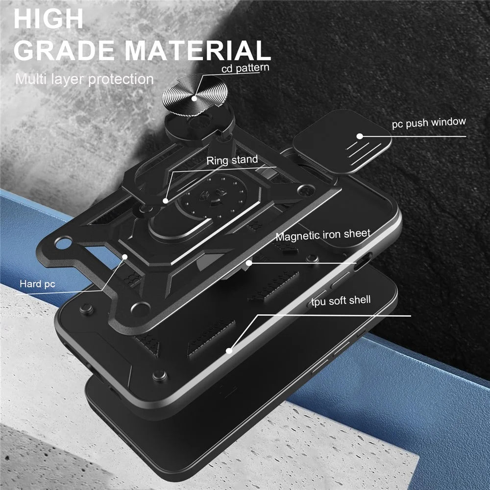 For iPhone 17e / 16e Case with Slide Camera Lid PC + TPU Kickstand Phone Cover - Black - 6