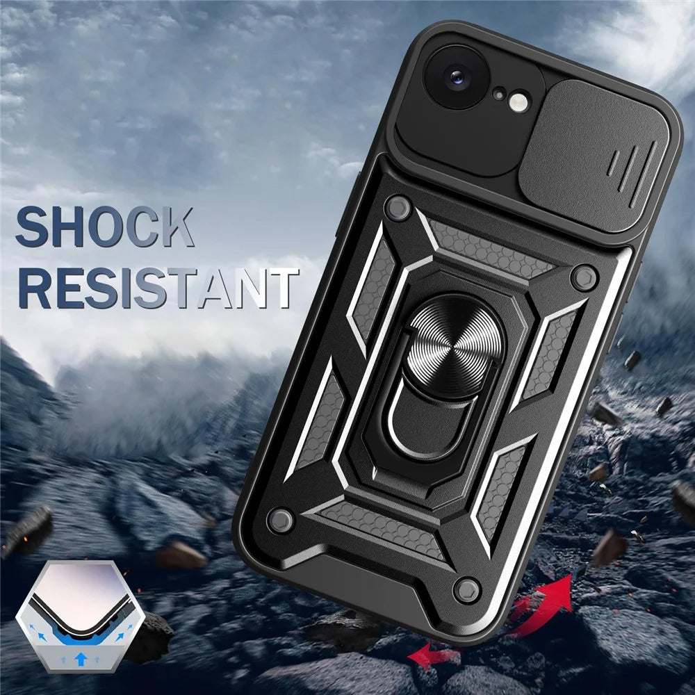 For iPhone 17e / 16e Case with Slide Camera Lid PC + TPU Kickstand Phone Cover - Black - 7
