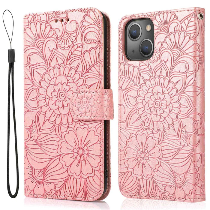 For iPhone 14 Imprinted Flower Pattern PU Leather Phone Cover Stand Shockproof Phone Wallet Case with Strap - Pink - 1