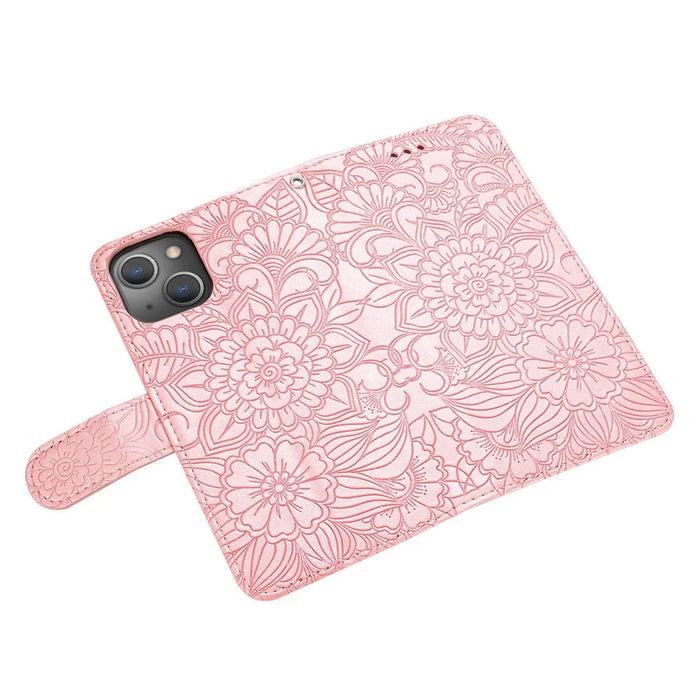 For iPhone 14 Imprinted Flower Pattern PU Leather Phone Cover Stand Shockproof Phone Wallet Case with Strap - Pink - 6