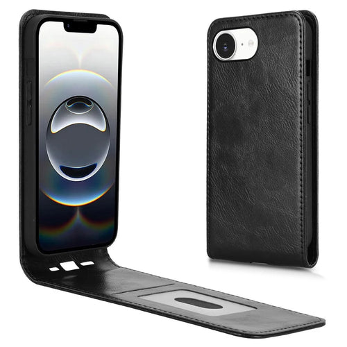 For iPhone 17e / 16e Case with Card Slot Magnetic Vertical Flip Leather Phone Cover - Black - 1